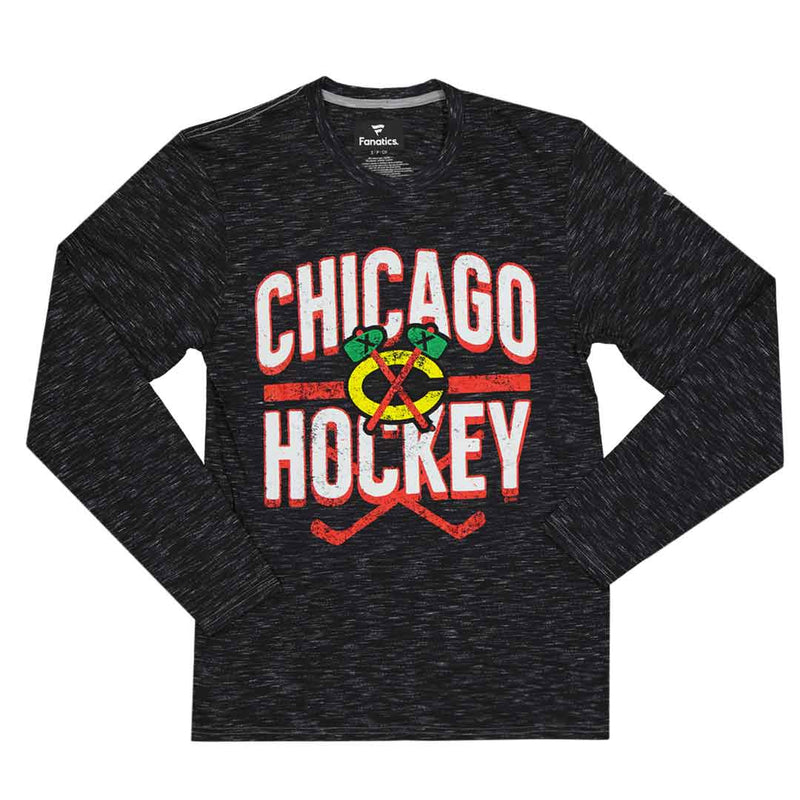 Fanatics - T-shirt chiné à manches longues pour homme des Blackhawks de Chicago (3985 NDG1 2AE 0K1)