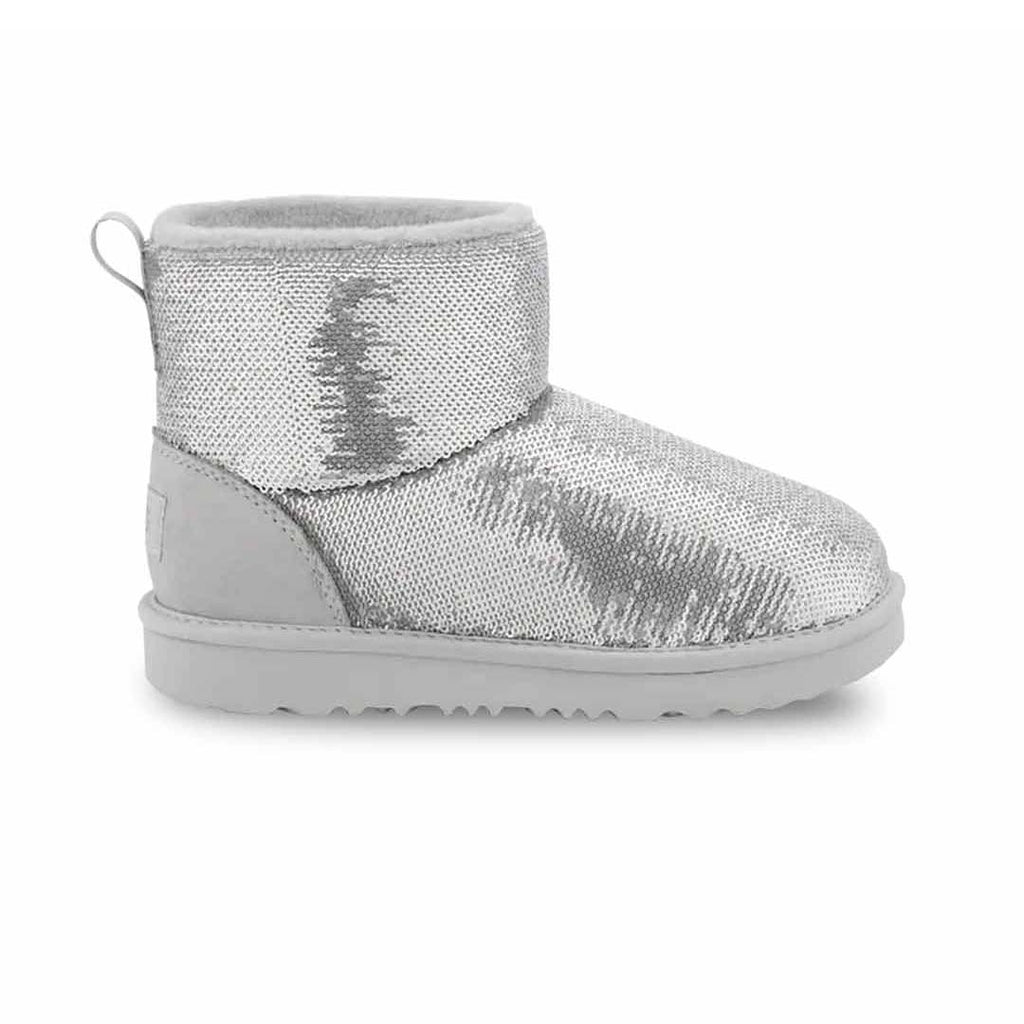 UGG Kids Classic Mini Mirror Ball Sequin Classic Boots in Silver Size 5