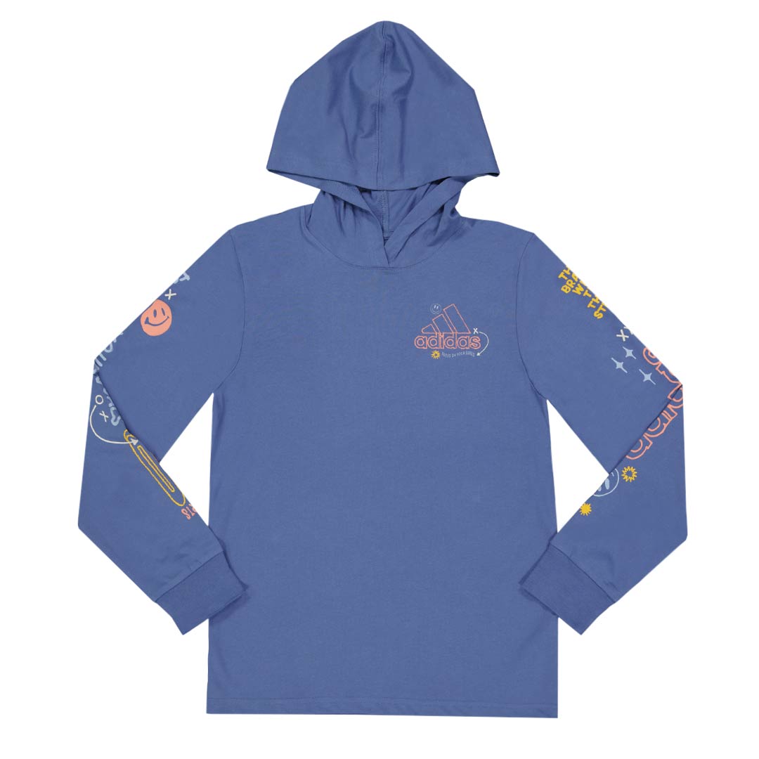 Adidas Kids Youth Doodle Long Sleeve Hooded T Shirt IQ7965 Blu Org M