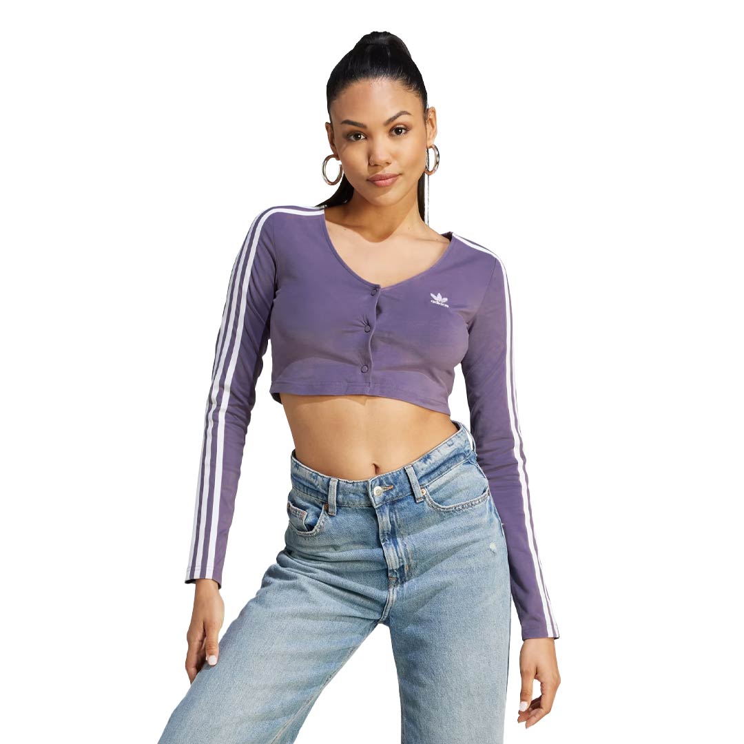 Adidas Women s Originals Classics Button Long Sleeve T Shirt IK6616 Pur Wht M