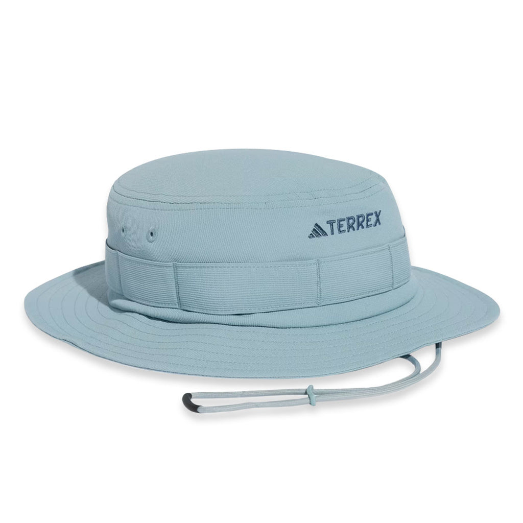A light blue wide-brim bucket hat with the TERREX logo embroidered on the front, shown against a plain white background.