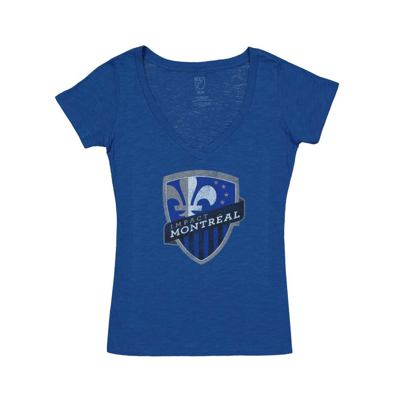 MLS - T-shirt à col en V avec logo vieilli de l'Impact de Montréal pour femmes (74294 ROY-DISTRESSED)